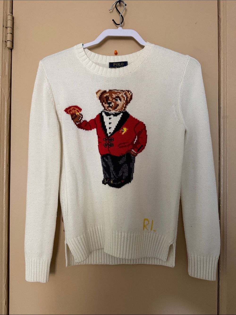 Polo by Ralph Lauren Cream Crewneck Sweater with Bear Intarsia and Red Jacket